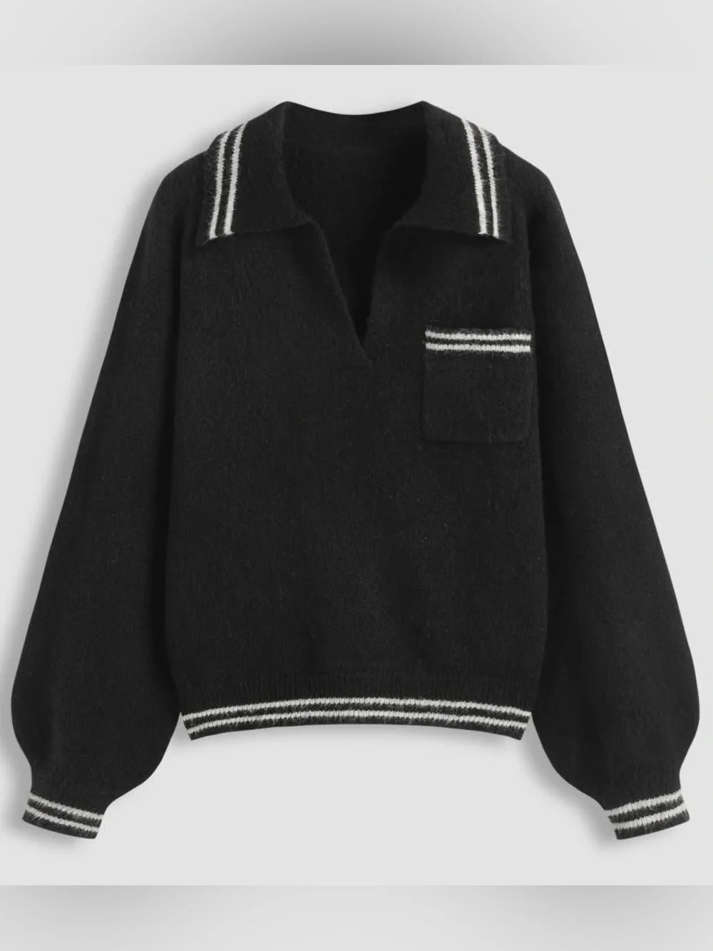 CIDER BLACK WHITE WOOL-BLEND COLLAR STRIPED TRIM OVERSIZED SWEATER, large nwt - Picture 1 of 3